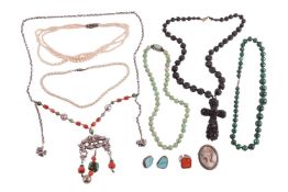A group of beaded jewellery and other items; to include examples of a Chinese jade bead necklace wit