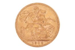 A 1908 Edward VII full sovereign, bare head to the right, 8.0 grams.