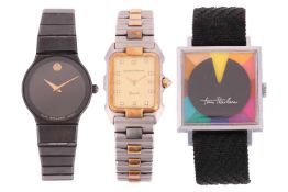 A group of three watches; The first a Movado wristwatch, reference 84-40-881A, with 22mm case, black