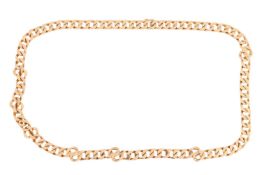 A long flat curb link necklace, fastens with a conforming clasp with an figure-of-eight safety catch