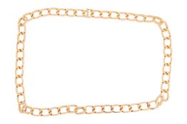 A long curb link chain, fastens with a conforming clasp with figure of eight safety catch, yellow me