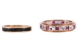 Two 9ct gold rings; The first a ruby and diamond-set ring, featuring eleven round-cut rubies and fiv