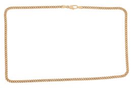 A flat curb link necklace, completed with a lobster clasp, yellow metal stamped '18ct', overall leng