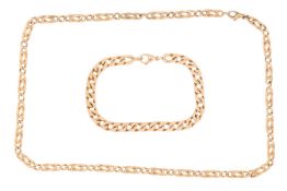 A fancy curb link necklace measuring 46.0 cm long, yellow metal stamped '18ct'; together with a flat