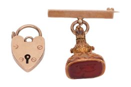 A fob seal on a later bar brooch, the seal with a cushion-shaped carnelian panel, engraved with a fa