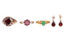 Three gem-set rings and a pair of drop earrings; to include a garnet belcher ring in 9ct gold, size 