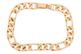 A flat Figaro link bracelet, fastens with a lever clasp, yellow metal marked '18ct', overall length 