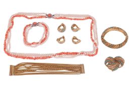 A group of costume jewellery; to include a bangle, brooch and clip earrings suite, set with imitatio