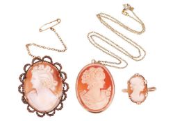 A cameo brooch in gold plated frame, a cameo pendant on chain and a shell cameo ring, testing as mos