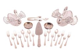 Two silver-mounted glass swan bon bon dishes with articulated pierced wings, import marks for 1984, 