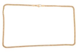 A flat curb link necklace, completed with a loster clasp, yellow metal stamped '18ct', overall lengt