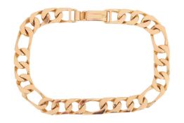 A flat Figaro curb link bracelet, fastens with a lever clasp, yellow metal stamped '18ct', overall l