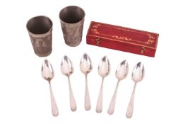 A cased set of 19th century European silver dessert spoons, possibly Swiss, plain terminals and angl