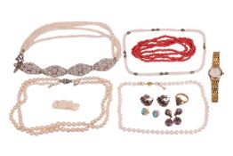 A double row of slightly graduated cultured pearls to a diamond set clasp marked '9ct', together wit