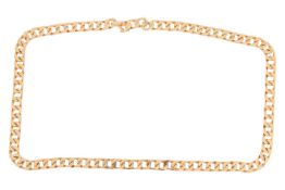 A long curb link chain, the heavy flat curb links connected with an integral conforming clasp, with 
