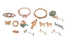 A Victorian lozenge-shaped brooch in yellow metal mount, together with a Florenza bangle set with im