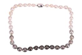 A Tahitian cultured pearl necklace, comprising a string of baroque pearls in graduated shades of gre