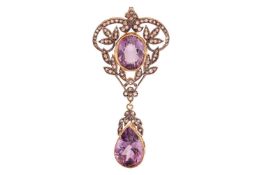 An amethyst and diamond drop pendant, of openwork floral design, set with an oval-cut amethyst withi