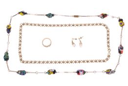 A pair of 9 carat gold and pearl pendant earrings; a 9 carat gold, two row, half hoop diamond ring (