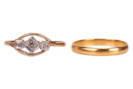 Two rings; comprising a diamond-set dress ring, grain-set with three single-cut diamonds, to a yello