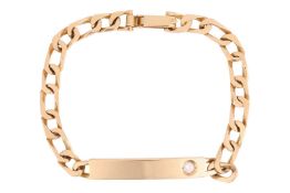 A diamond-set ID bracelet, the rectangular curved bar set with a diamond accent, estimated weight 0.
