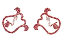 A pair of 'Lily of the Valley' ear studs set with ruby and diamond, each in the form of an openwork 