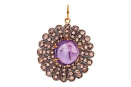 An amethyst and diamond floral cluster pendant, the daisy flowerhead centred with an amethyst sugarl