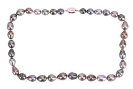 A Tahitian cultured pearl necklace, comprising a string of baroque pearls in different shades of gre