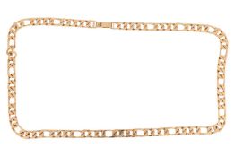 A long Figaro curb link chain, the heavy flat curb links fastened with a lever clasp, yellow metal s