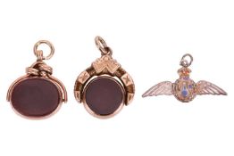 Two 9ct gold swivel fob seals, and a RAF enamel charm; both fob seals have vacant bloodstone and car