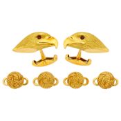 Asprey Pair of Gold and Ruby Falcon Head Cufflinks and Buccellati Four Feather Studs