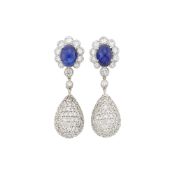 Pair of White Gold, Cabochon Sapphire and Diamond Pendant-Earrings