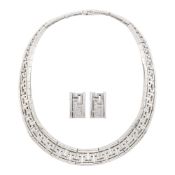 White Gold and Diamond Key-Fret Necklace and Pair of Earclips