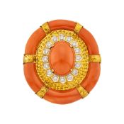Trio Two-Color Gold, Coral and Diamond Pendant Clip-Brooch