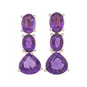 Pair of Gold, Amethyst and Diamond Pendant-Earrings
