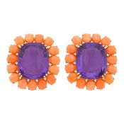 Pair of Gold, Amethyst, Coral and Diamond Earclips