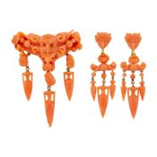 Antique Gold and Carved Coral Fringe Brooch and Pair of Pendant-Earclips, France
