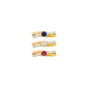 Cartier Three Tricolor Gold, Ruby, Sapphire and Diamond 'Trinity' Band Rings, France