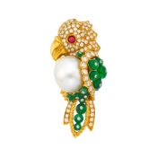 Gold, Semi-Baroque South Sea Cultured Pearl, Diamond, Emerald Bead and Cabochon Ruby Parrot Clip-Bro