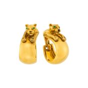 Cartier Pair of Gold, Emerald and Black Onyx 'Nakoura' Panther Hoop Earclips, France