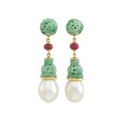 Seaman Schepps Pair of Gold, Carved Jade, Ruby Bead and South Sea Cultured Pearl Pendant-Earrings