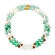 Seaman Schepps Pair of Gold, Carved Jade, Jade and Ruby Bead and South Sea Cultured Pearl Necklaces