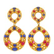 Bulgari Pair of Gold, Cabochon Ruby, Sapphire and Diamond Pendant-Earclips/Clip-Brooches Combination