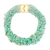 Verdura Multistrand Aquamarine and Emerald Bead, Gold and Diamond Torsade Necklace