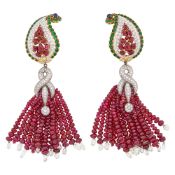 Fred Leighton Pair of Gold, Platinum, Ruby Bead, Gem-Set, Diamond and Diamond Briolette Tassel Penda
