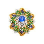 David Webb Gold, Platinum, Sapphire, Emerald and Diamond Pendant Clip-Brooch