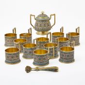 Russian Silver-Gilt and Cloisonné Enamel Partial Tea Service
