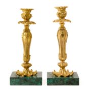 Pair of Russian Gilt-Bronze and Malachite Candlesticks
