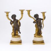 Pair of Louis XVI Ormolu, Patinated Bronze and White Marble Two-Light Candelabra
