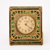 Louis C. Tiffany Furnaces Gilt and Green Enameled Bronze Desk Clock